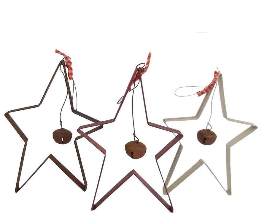 Hanging Tin Star Ornaments, Rustic / Off-White / Red, Assorted, Set of 3