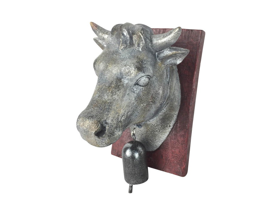 Birch Maison Decorative Primitive / Farmhouse Resin Cow Head on Board with Bell, Grey - 7.5" Tall