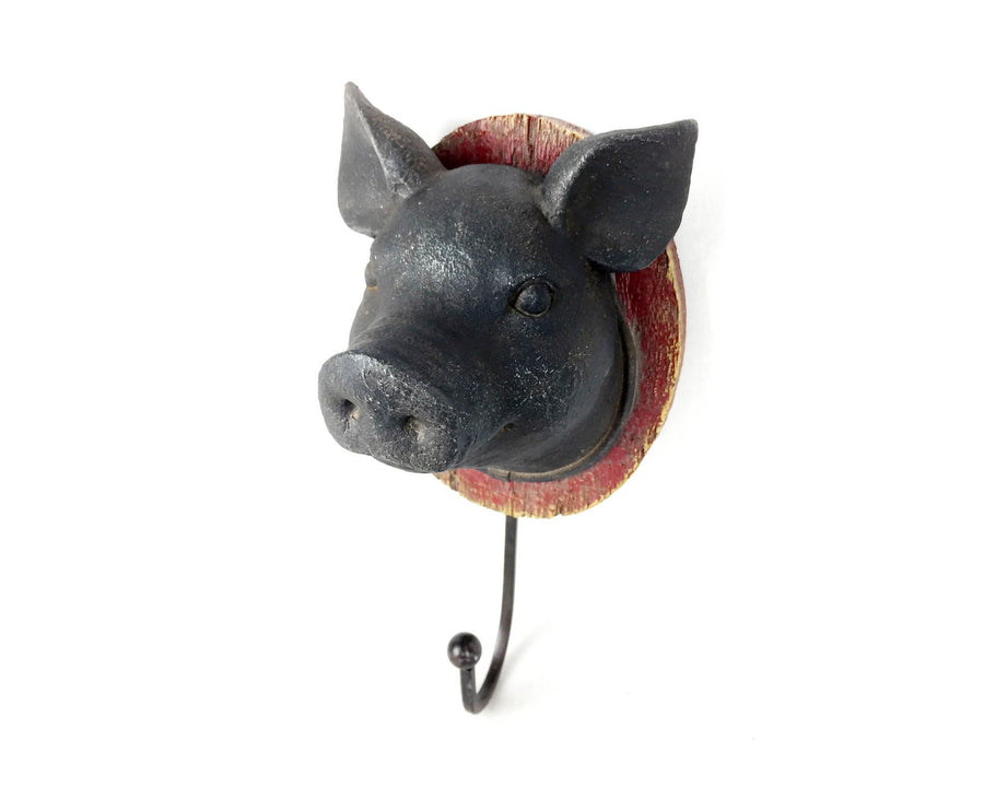 Birch Maison Decorative Primitive / Farmhouse Resin Pig Head on Board with Hook, Black - 9.75" Tall