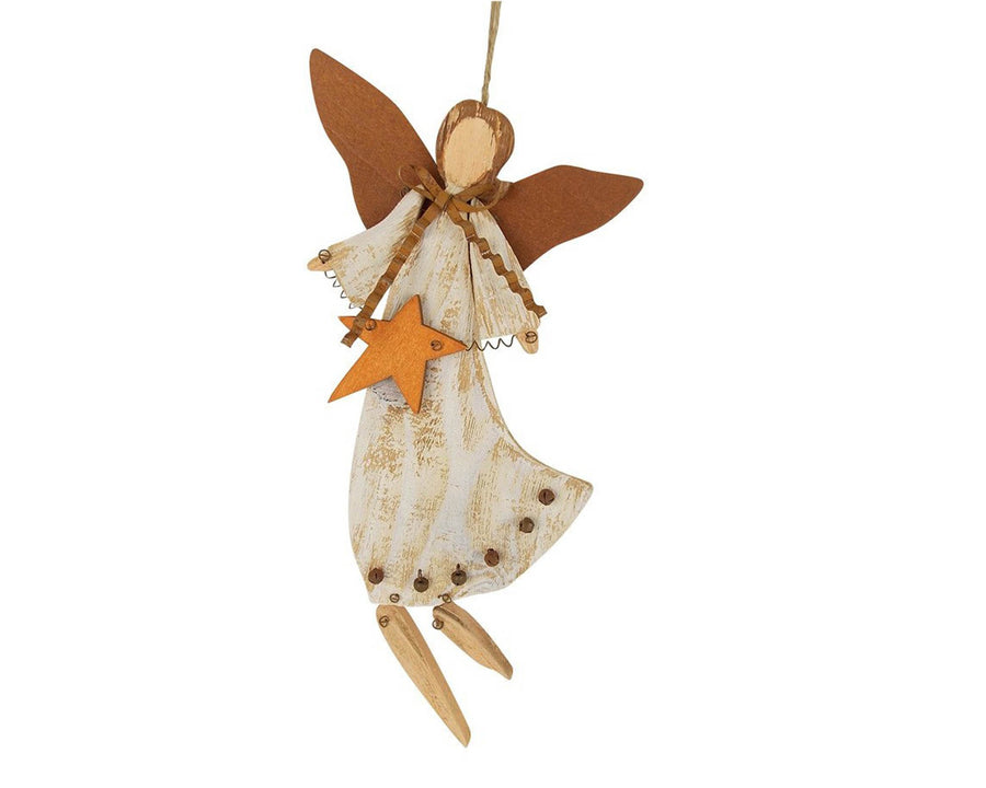 Birch Maison Natural Wood Angel with Tin Ribbon and Bells, Christmas Ornament  - 14" Tall