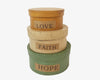 Birch Maison Decorative Primitive / Farmhouse Round Nesting Boxes "Love - Faith - Hope", Set of 3 - 5.5" x 5.5" x 7.5"