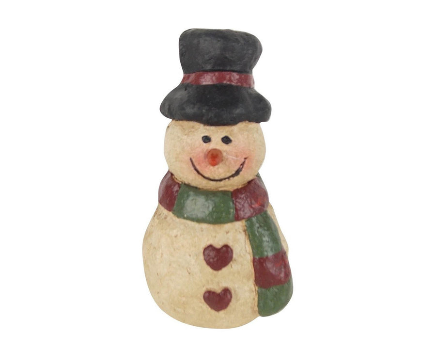 Birch Maison Decorative Primitive / Farmhouse Paper Mache Snowman with Red / Green Scarf and Hearts on Belly, Christmas Ornament - 4.5" Tall