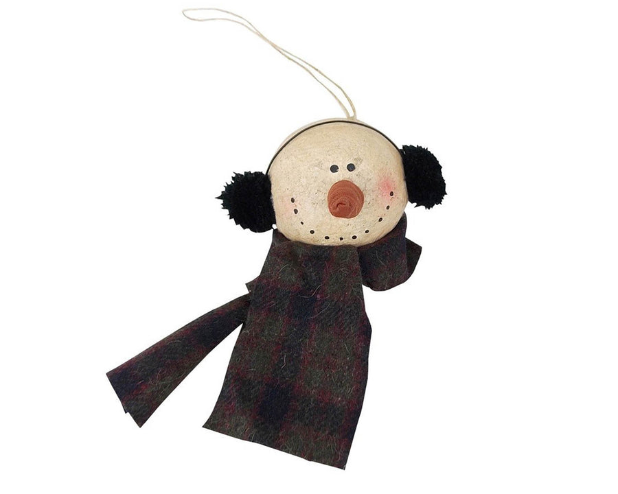 Birch Maison Decorative Primitive / Farmhouse Paper Mache Snowman Head with Ear Muffs & Scarf, Christmas Ornament- 4.5" Tall