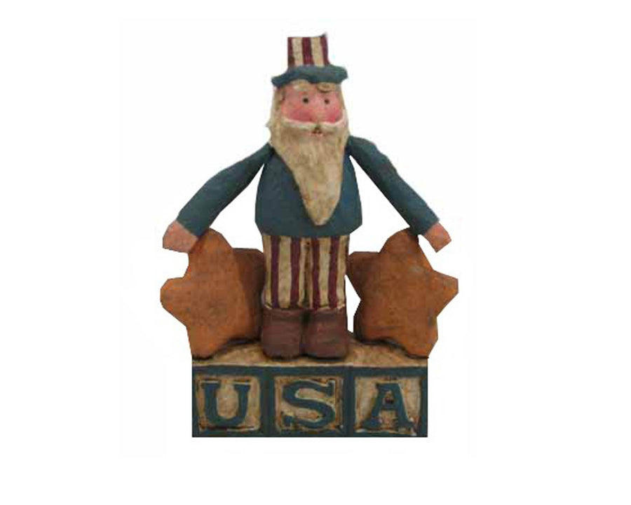 Birch Maison Decorative Primitive / Farmhouse Paper Mache "Uncle Sam" On "USA" Blocks with Stars, Standing - 5.5" Tall