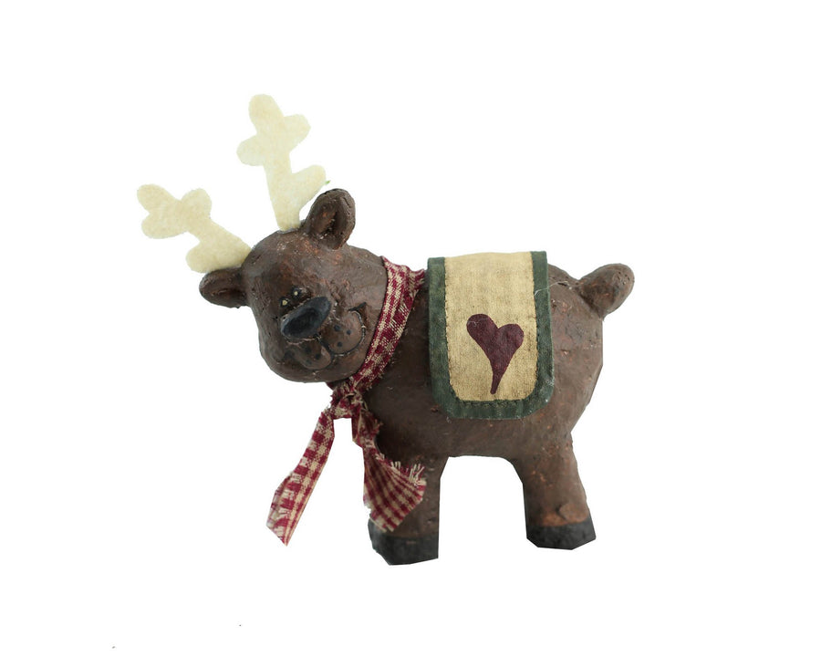 Birch Maison Decorative Primitive / Farmhouse Farmhouse Reindeer with Checkered Scarf and Fabric Blanket with Heart on Back, Standing - 4.75" Tall