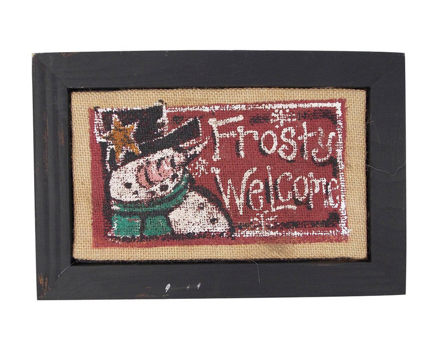 Birch Maison Decorative Primitive / Farmhouse Burlap Plaque with Wood Frame "Frosty Welcome" - 12" Tall