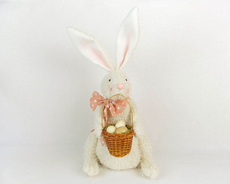 Birch Maison Decorative Primitive / Farmhouse Sitting Fabric Bunny with Pink Bow and Egg Basket, Off White - 9.5" Tall