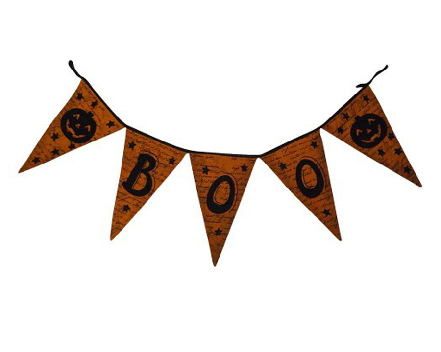 Birch Maison Decorative Primitive / Farmhouse Halloween Fabric Flag Garland "Boo" with Pumpkin at each End -  13" Long