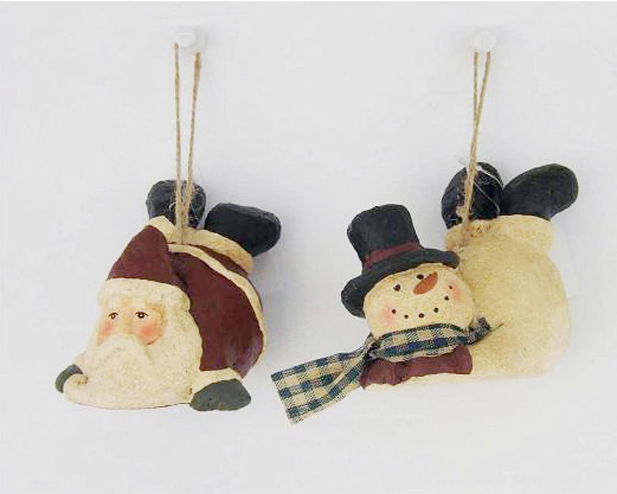 Birch Maison Decorative Primitive / Farmhouse Paper Mache Santa and Snowman, Laying Down, Christmas Ornaments, Assorted, Set of 2 - 2.5" Tall