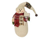 Birch Maison Decorative Primitive / Farmhouse Fabric Snowmen with a Long Fabric Plaid Scarf, a long Off-White Pointed Hat with Tin Bell, Mittens and a Fabric Cone in his Arms - 11" Tall