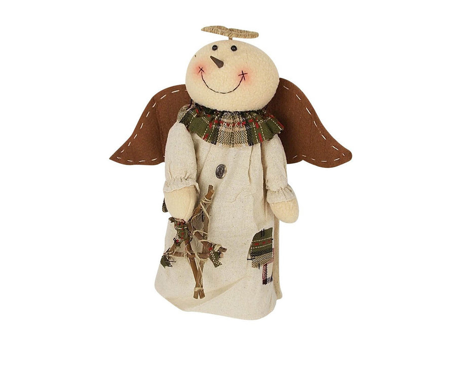 Birch Maison Decorative Primitive / Farmhouse Standing Fabric Snowangel with a Cute Fabric Gown, Halo and a Wicker Star in his Hand - 13" Tall