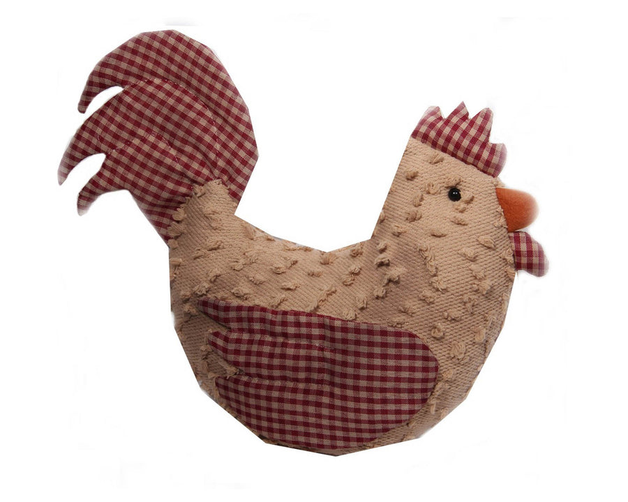 Birch Maison Decorative Primitive / Farmhouse Chenille Rooster with Plaid Fabric Accents, Off-White / Red - 13" Tall