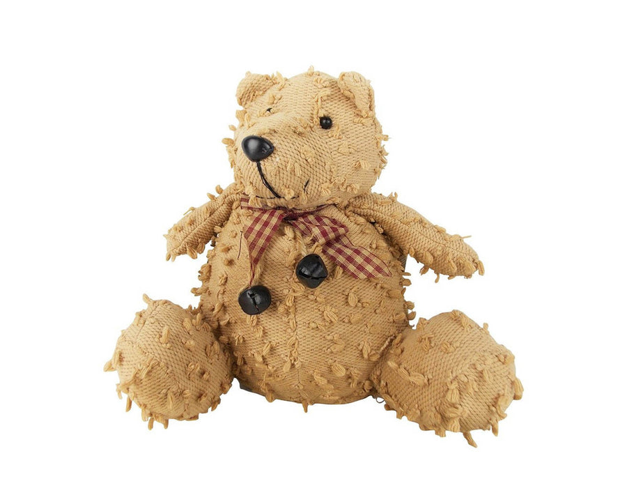 Birch Maison Decorative Primitive / Farmhouse Sitting Chenille Fabric Bear with Plaid Fabric Bow and Tin Bell - 10" Tall
