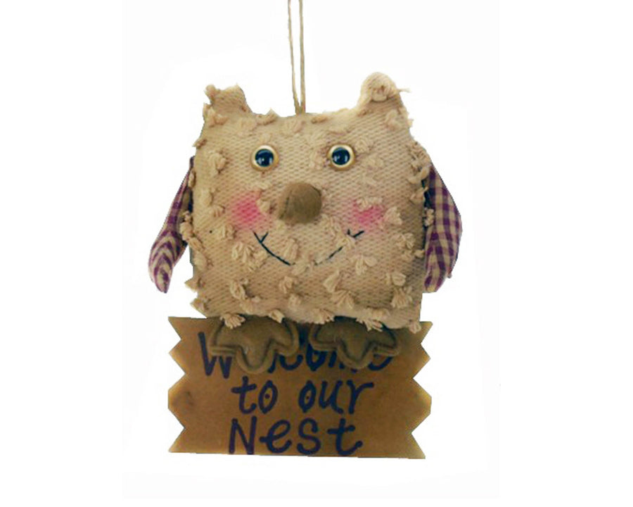 Birch Maison Decorative Primitive / Farmhouse Chenille Owl with Checkered Fabric Wings, Sitting on Wooden Sign that reads "Welcome To Our Nest", Hanging - 7.5" Tall
