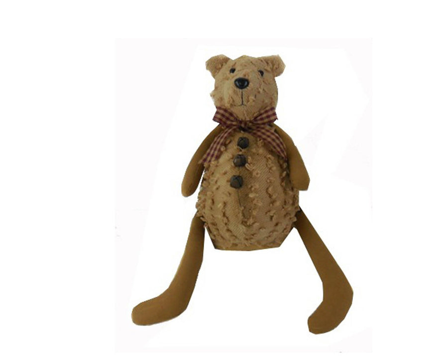 Birch Maison Decorative Primitive / Farmhouse Sitting Chenille Bear with Checkered Fabric Scarf and 3 Rusty Tin Bell Buttons on his Belly - 12" Tall (Standing)