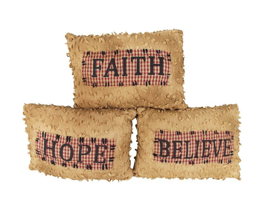 Birch Maison Decorative Primitive / Farmhouse Fabric Décor Pillows "Faith - Hope - Believe", Assorted, Set of 3 - 8" Tall