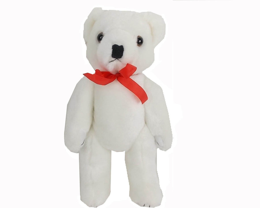 Birch Maison Decorative Primitive / Farmhouse Plushy Fabric Bear with Red Bow, Jointed, White - 12" Tall