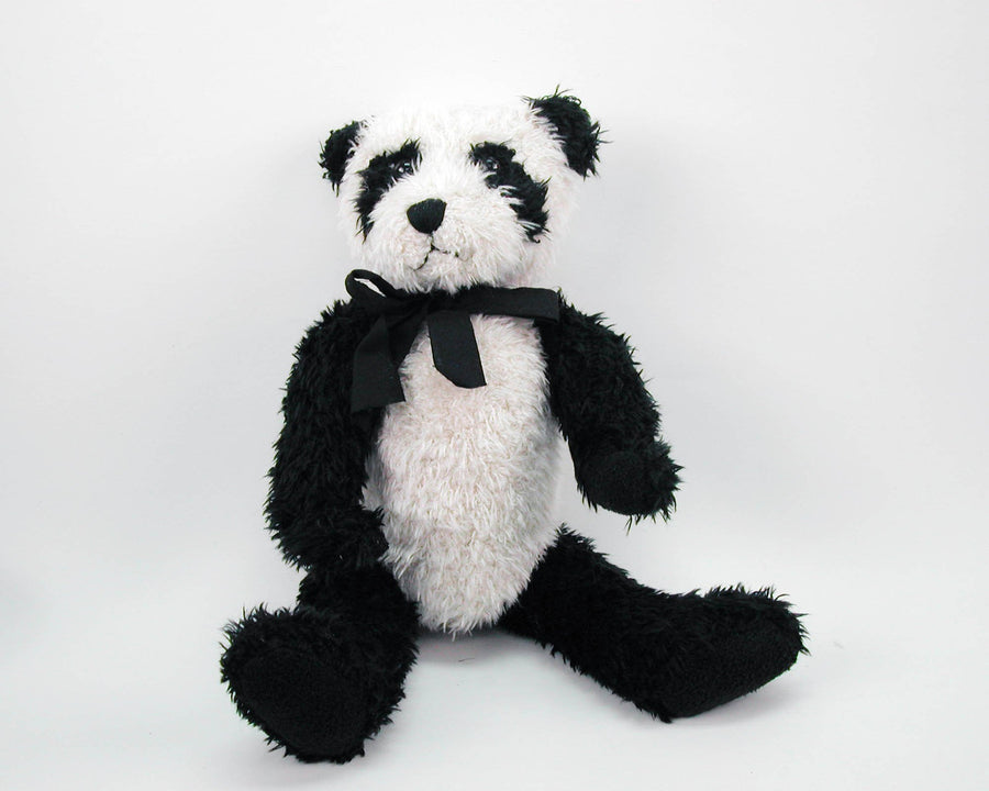 Birch Maison Decorative Primitive / Farmhouse Plushy Fabric Panda-Bear with Black Bow, Jointed, White - Black - 12" Tall