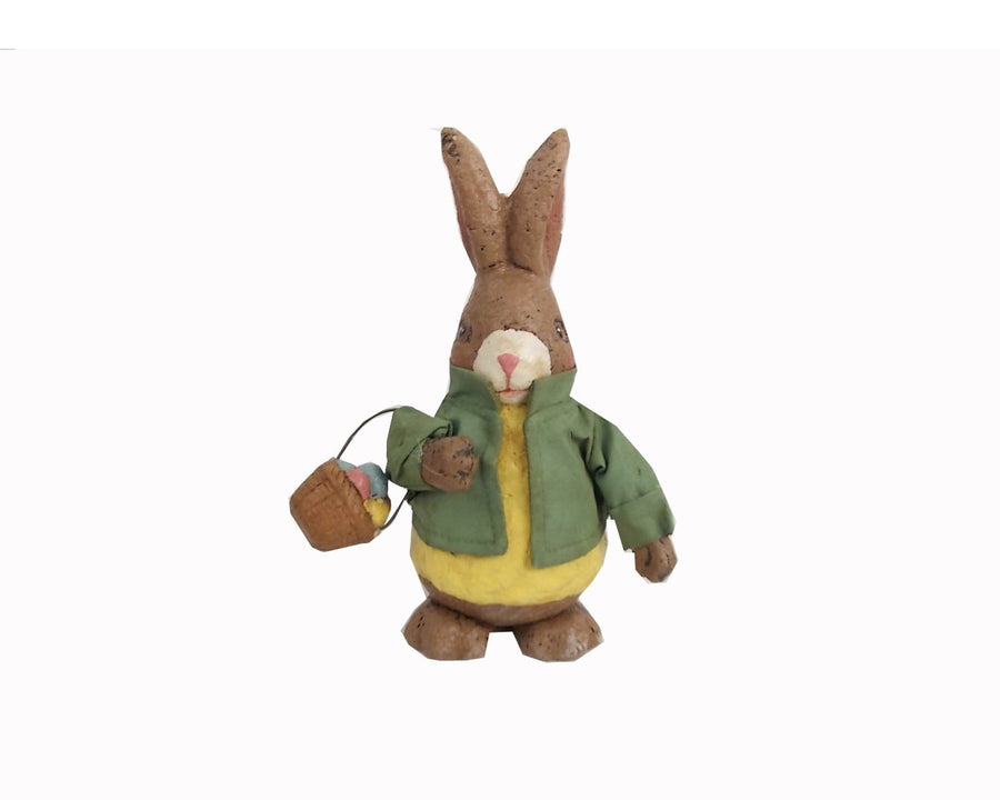 Birch Maison Decorative Primitive / Farmhouse Standing Paper Mache Rabbit with Green Fabric Coat and Egg Basket in his Arm - 8" Tall