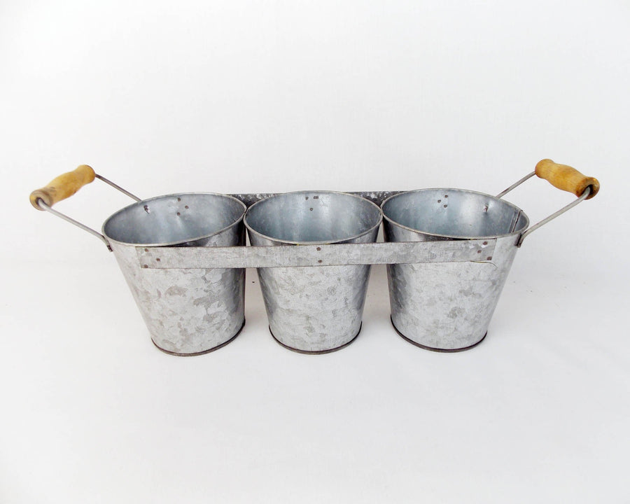 Birch Maison Decorative Primitive / Farmhouse Galvanized Tin Floral Container with Wooden Handle, Natural, Set of 3 - 5.75" Tall