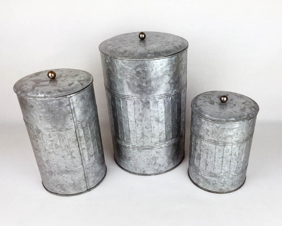 Birch Maison Decorative Primitive / Farmhouse Galvanized Tin Container with Lid and Knob, Natural, Set of 3 - 7.75" H, 9.75" H, 11.75" H