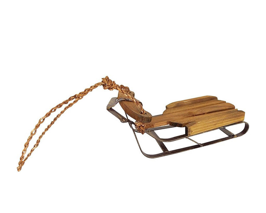 Birch Maison Decorative Primitive / Farmhouse Metal Sleigh with Wooden Planks and Rope Handles, Natural - 11" Long