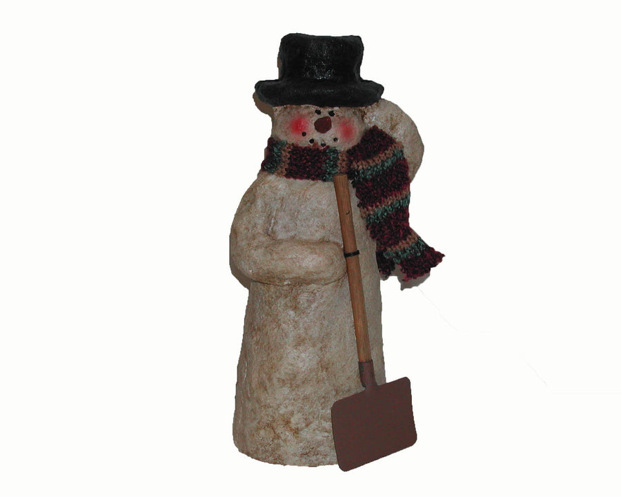Birch Maison Decorative Primitive / Farmhouse Standing Paper Mache Snowman with Fabric Scarf, Top Hat and Shovel in his Arm, Off-White - 8.5" Tall