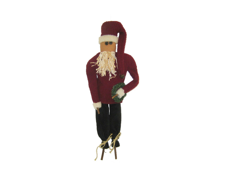 Fabric Santas with Fabric Pointed Red Hat with White Trim, String Beard and PVC Wreath in his Stick Hand - 14" Tall